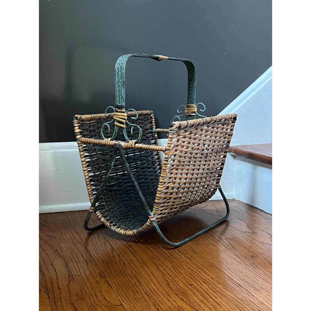 Vintage Green Wrought Iron and Wicker Magazine Holder